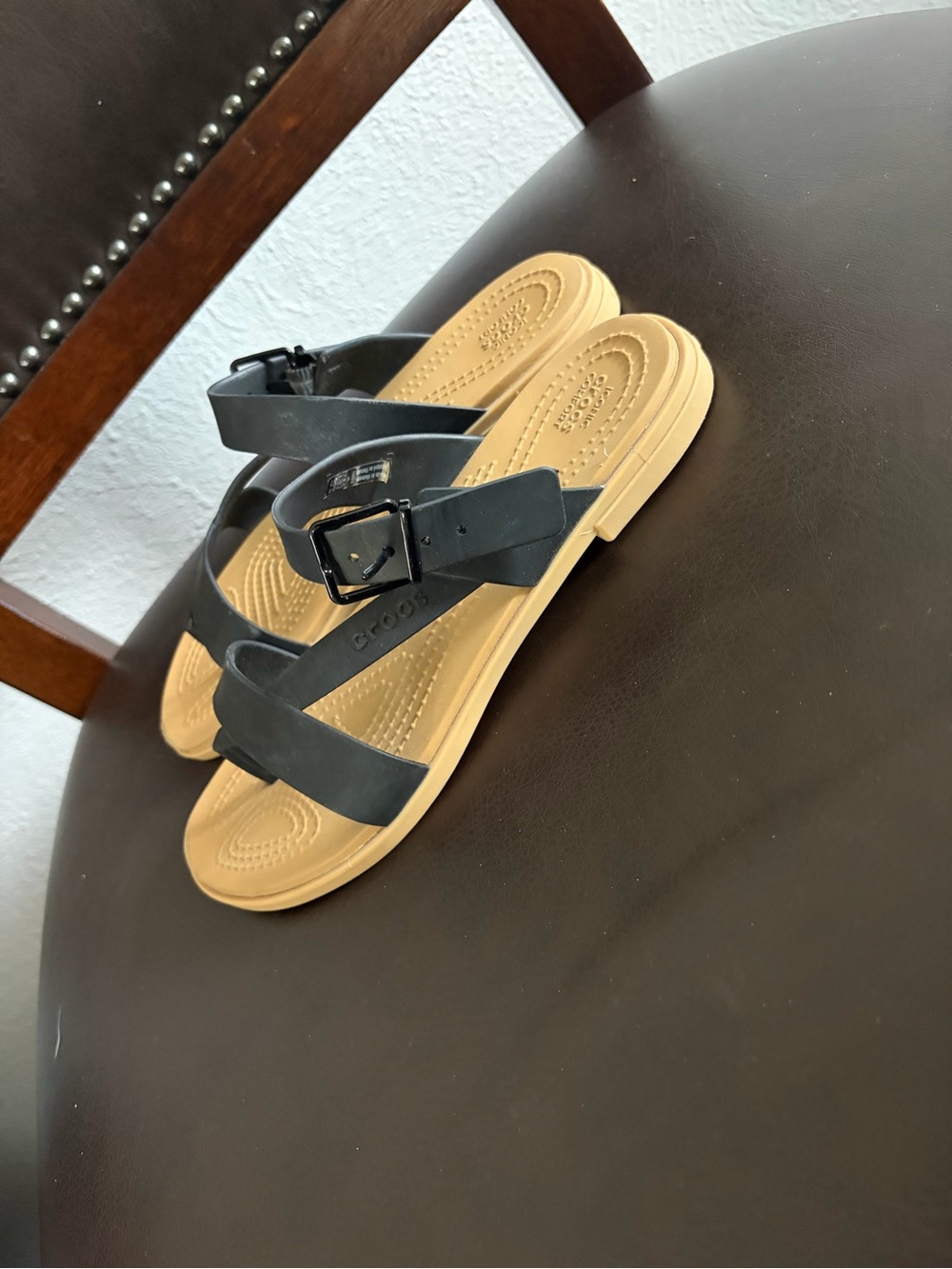 CROCS Black Strappy Sandals with Tan Footbed